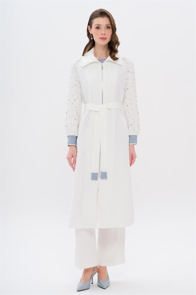 Quilted Patterned Lightweight Coat with Stone and Rib Detailed Sleeves IVORY 6708