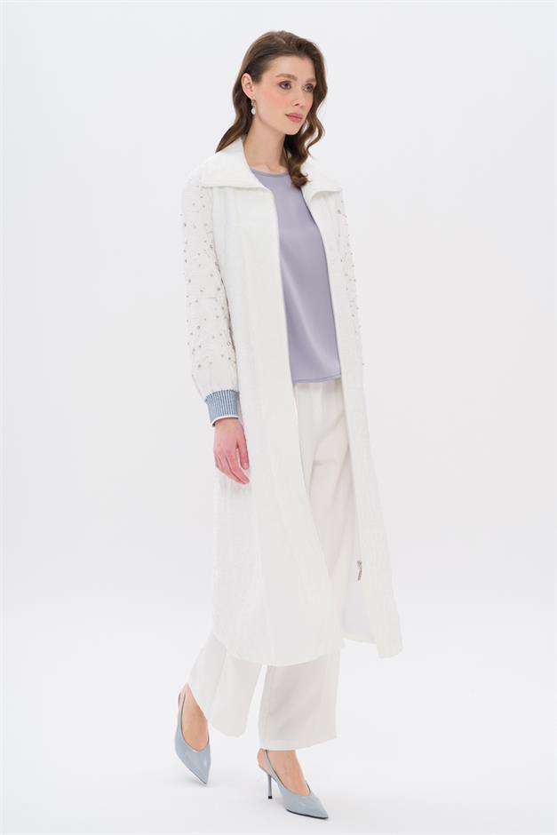 Quilted Patterned Lightweight Coat with Stone and Rib Detailed Sleeves IVORY 6708