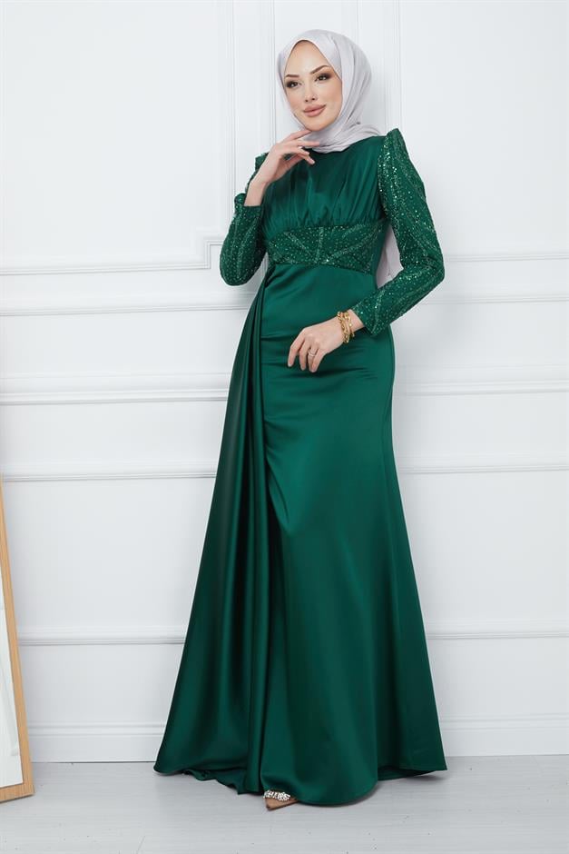 فستان سهرة من الساتان مع تفاصيل شيفون مطرزة على الأكمام والجزء الأمامي وتنورة كيب أخضر 1210