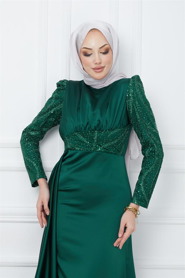 فستان سهرة من الساتان مع تفاصيل شيفون مطرزة على الأكمام والجزء الأمامي وتنورة كيب أخضر 1210