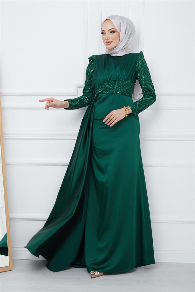 فستان سهرة من الساتان مع تفاصيل شيفون مطرزة على الأكمام والجزء الأمامي وتنورة كيب أخضر 1210