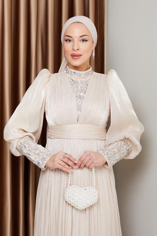 فستان سهرة حرير من يورغو للحجاب بأكمام وواجهة مزينة بالأحجار كريم 1239