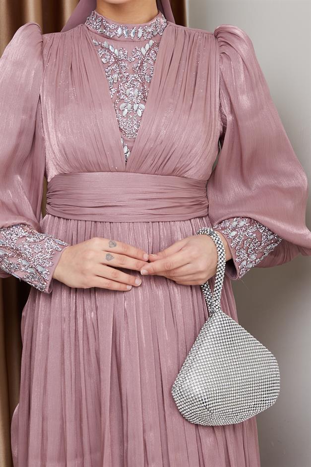 فستان سهرة حرير من يورغو للحجاب بأكمام وواجهة مزينة بالأحجار وَردَة 1239