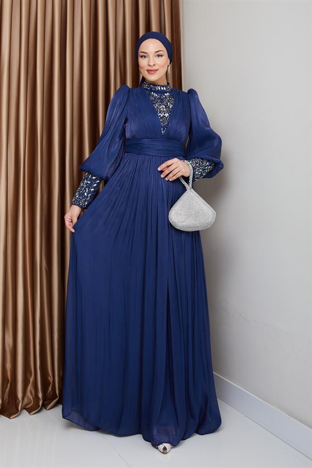 فستان سهرة حرير من يورغو للحجاب بأكمام وواجهة مزينة بالأحجار ك. نيلي 1239