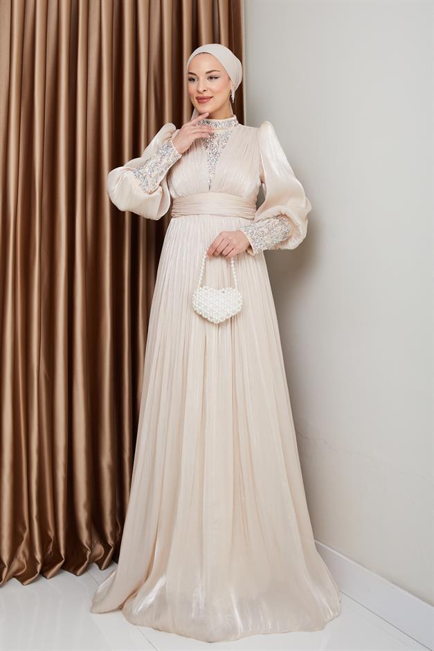 فستان سهرة حرير من يورغو للحجاب بأكمام وواجهة مزينة بالأحجار كريم 1239