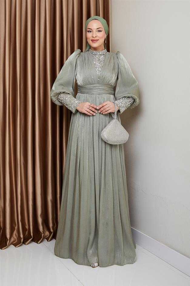 فستان سهرة حرير من يورغو للحجاب بأكمام وواجهة مزينة بالأحجار أخضر فاتح 1239