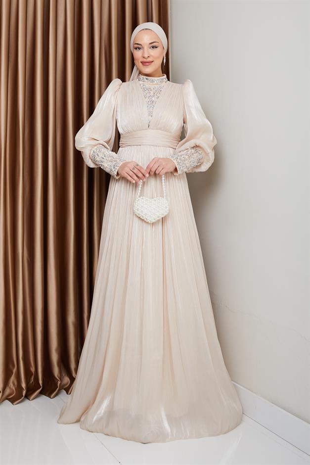 فستان سهرة حرير من يورغو للحجاب بأكمام وواجهة مزينة بالأحجار كريم 1239