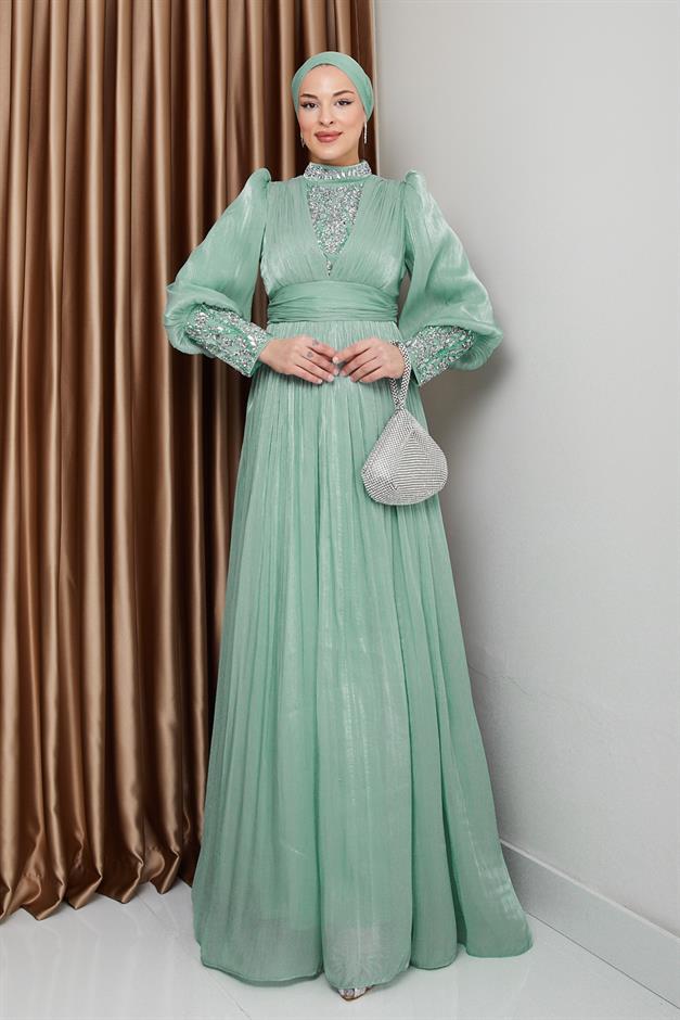 فستان سهرة حرير من يورغو للحجاب بأكمام وواجهة مزينة بالأحجار مثل 1239