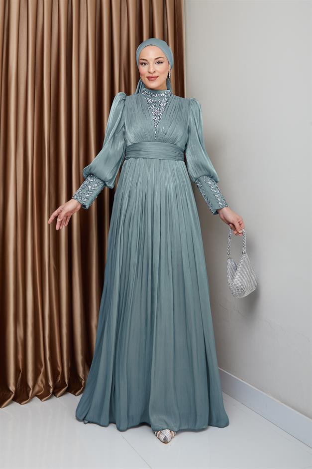 فستان سهرة حرير من يورغو للحجاب بأكمام وواجهة مزينة بالأحجار أخضر مائي 1239