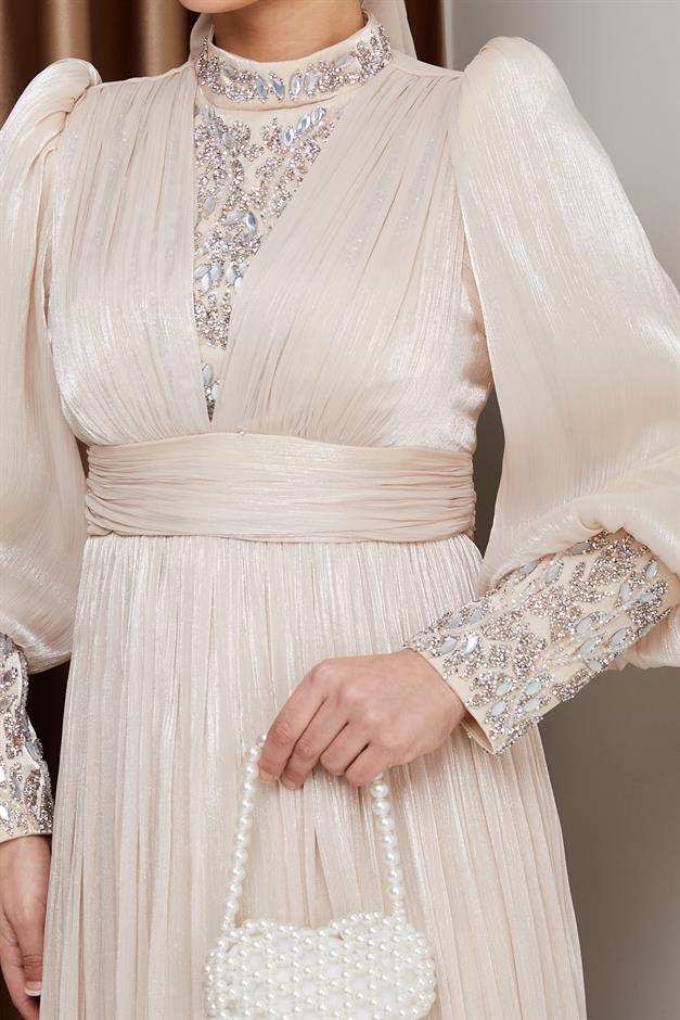 فستان سهرة حرير من يورغو للحجاب بأكمام وواجهة مزينة بالأحجار كريم 1239