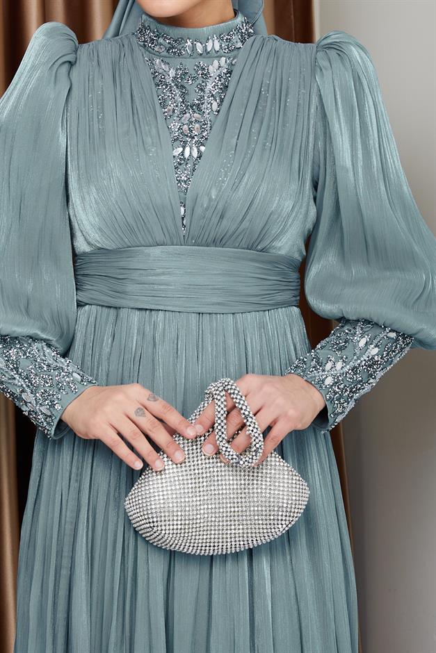 فستان سهرة حرير من يورغو للحجاب بأكمام وواجهة مزينة بالأحجار أخضر مائي 1239