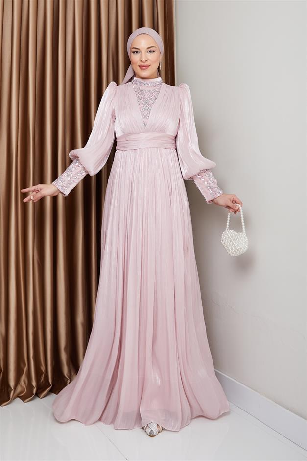 فستان سهرة حرير من يورغو للحجاب بأكمام وواجهة مزينة بالأحجار مسحوق 1239