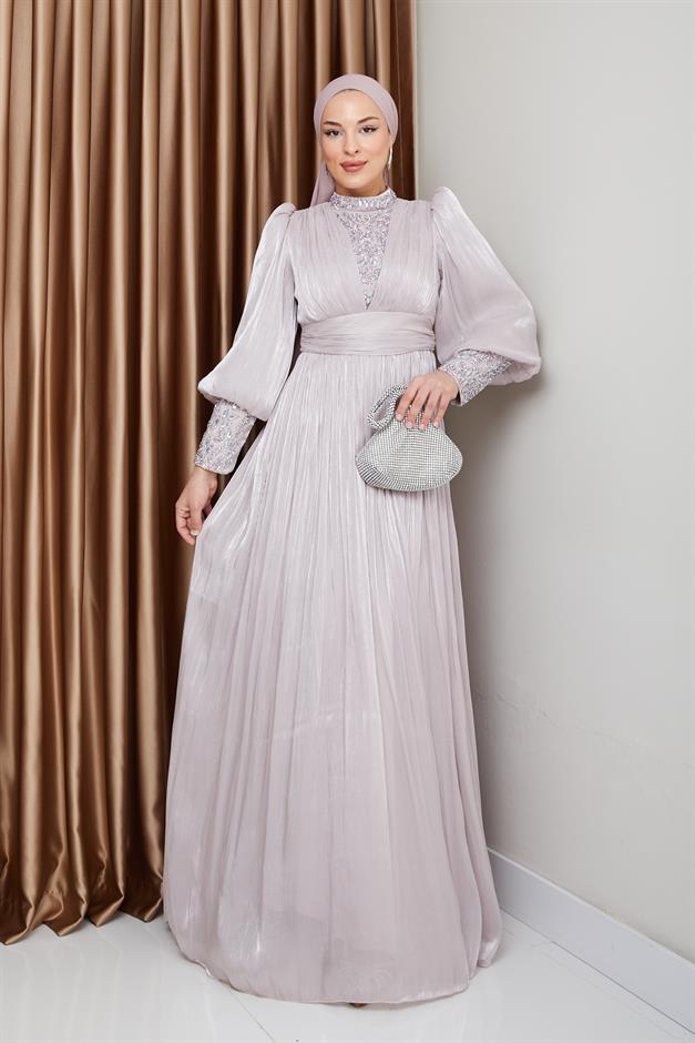 فستان سهرة حرير من يورغو للحجاب بأكمام وواجهة مزينة بالأحجار حجر 1239