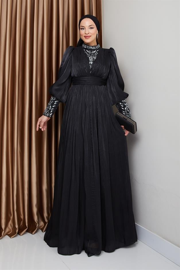 فستان سهرة حرير من يورغو للحجاب بأكمام وواجهة مزينة بالأحجار أسود 1239