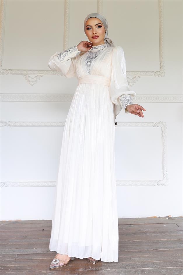 فستان سهرة حرير من يورغو للحجاب بأكمام وواجهة مزينة بالأحجار العاج 1239