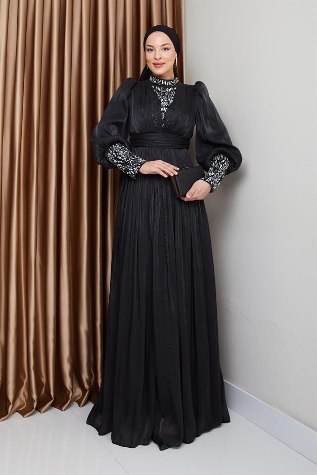 فستان سهرة حرير من يورغو للحجاب بأكمام وواجهة مزينة بالأحجار أسود 1239
