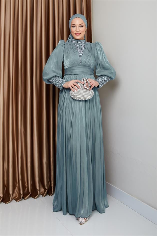 فستان سهرة حرير من يورغو للحجاب بأكمام وواجهة مزينة بالأحجار أخضر مائي 1239