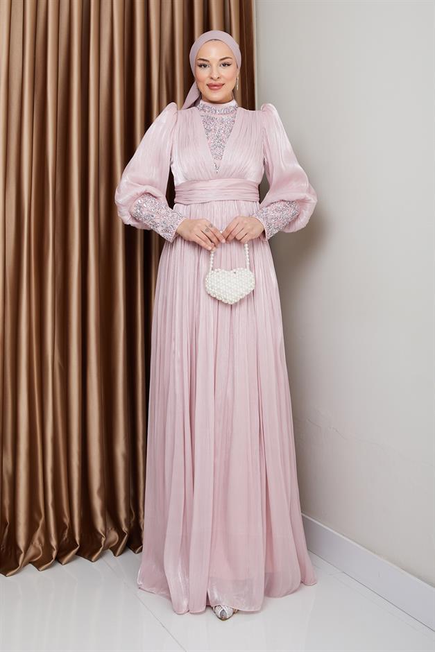 فستان سهرة حرير من يورغو للحجاب بأكمام وواجهة مزينة بالأحجار مسحوق 1239