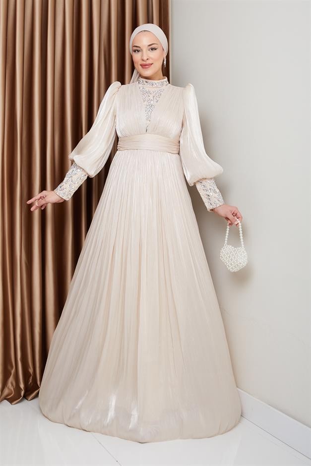 فستان سهرة حرير من يورغو للحجاب بأكمام وواجهة مزينة بالأحجار كريم 1239