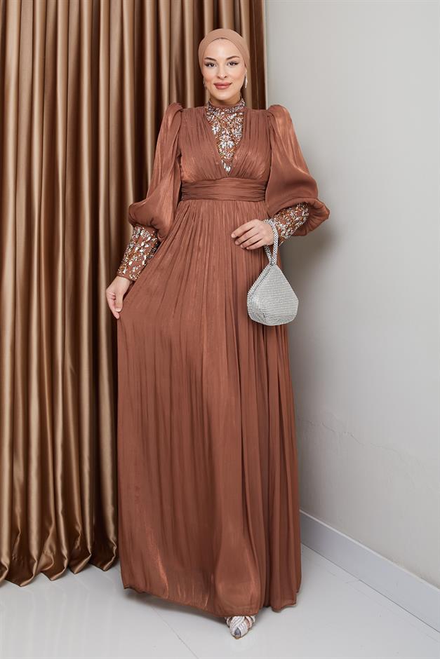 فستان سهرة حرير من يورغو للحجاب بأكمام وواجهة مزينة بالأحجار التبغ 1239
