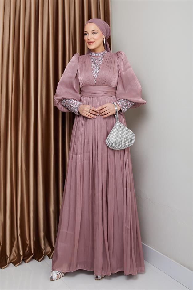 فستان سهرة حرير من يورغو للحجاب بأكمام وواجهة مزينة بالأحجار وَردَة 1239