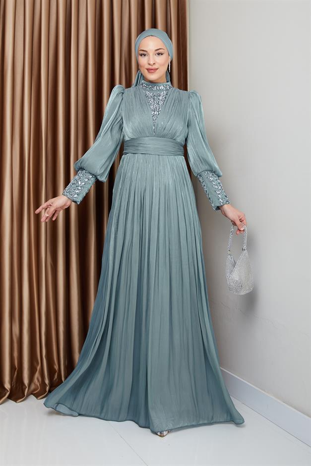 فستان سهرة حرير من يورغو للحجاب بأكمام وواجهة مزينة بالأحجار أخضر مائي 1239