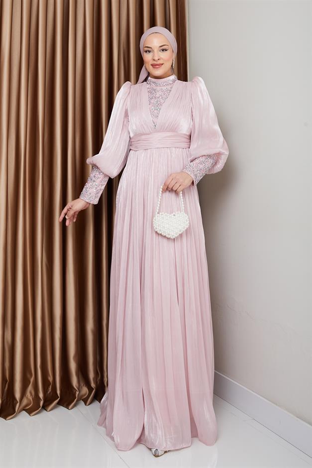 فستان سهرة حرير من يورغو للحجاب بأكمام وواجهة مزينة بالأحجار مسحوق 1239