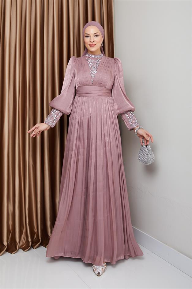 فستان سهرة حرير من يورغو للحجاب بأكمام وواجهة مزينة بالأحجار وَردَة 1239