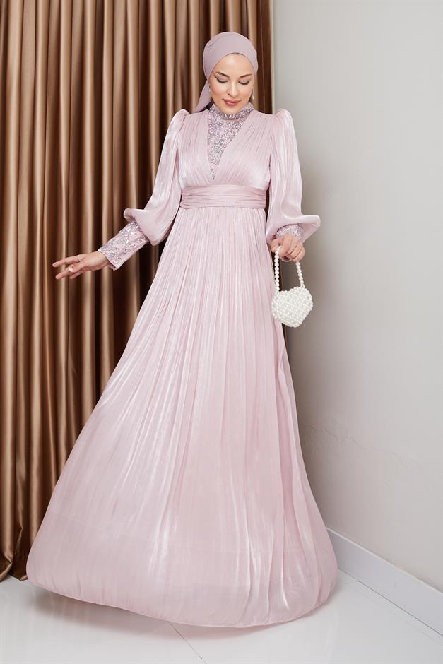 فستان سهرة حرير من يورغو للحجاب بأكمام وواجهة مزينة بالأحجار مسحوق 1239