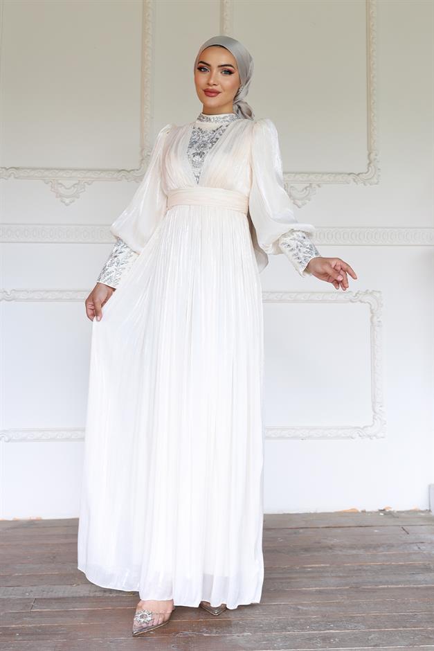 فستان سهرة حرير من يورغو للحجاب بأكمام وواجهة مزينة بالأحجار العاج 1239