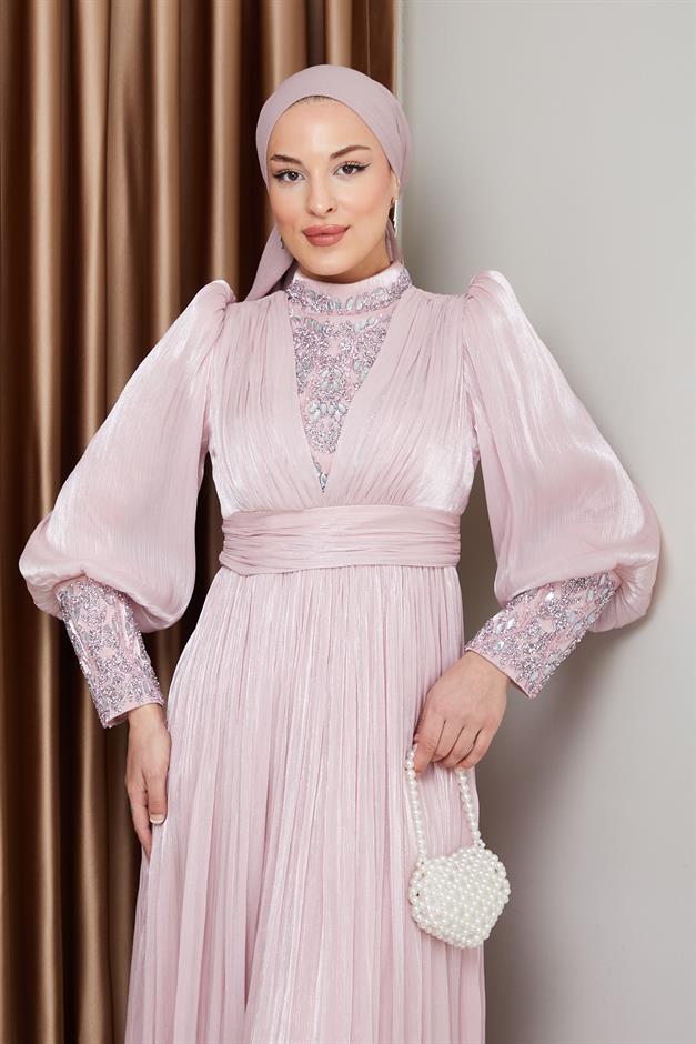 فستان سهرة حرير من يورغو للحجاب بأكمام وواجهة مزينة بالأحجار مسحوق 1239