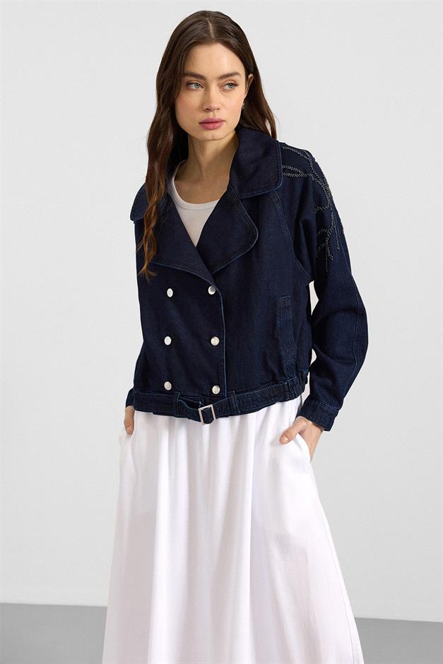 Kolu Boncuk İşlemeli Astarsız Denim Ceket LACİVERT 8283