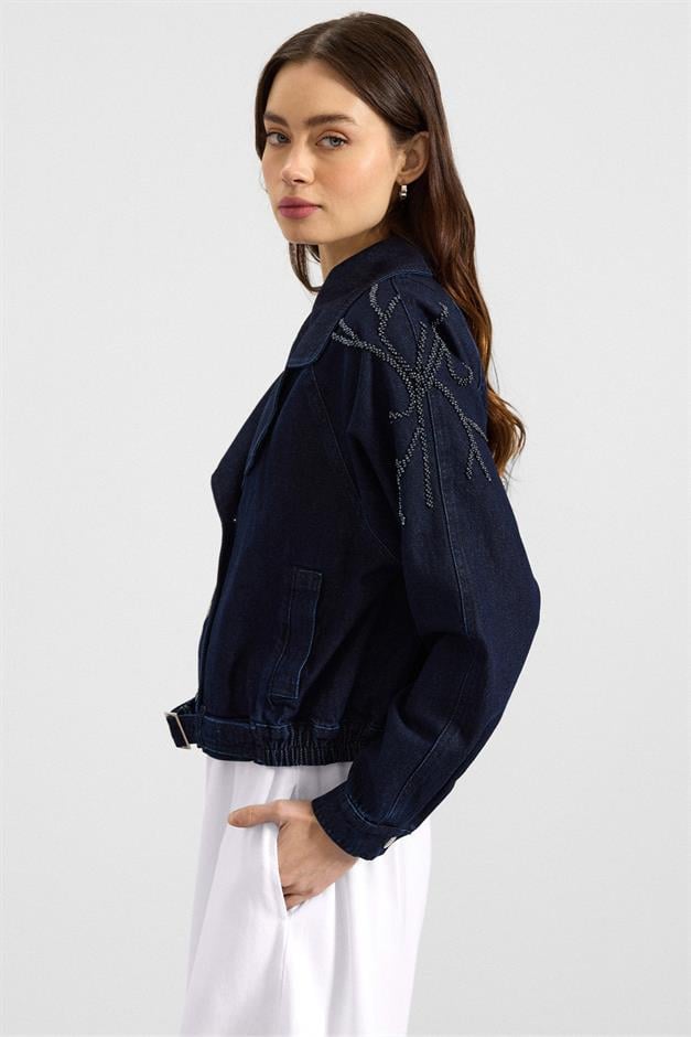 Kolu Boncuk İşlemeli Astarsız Denim Ceket LACİVERT 8283