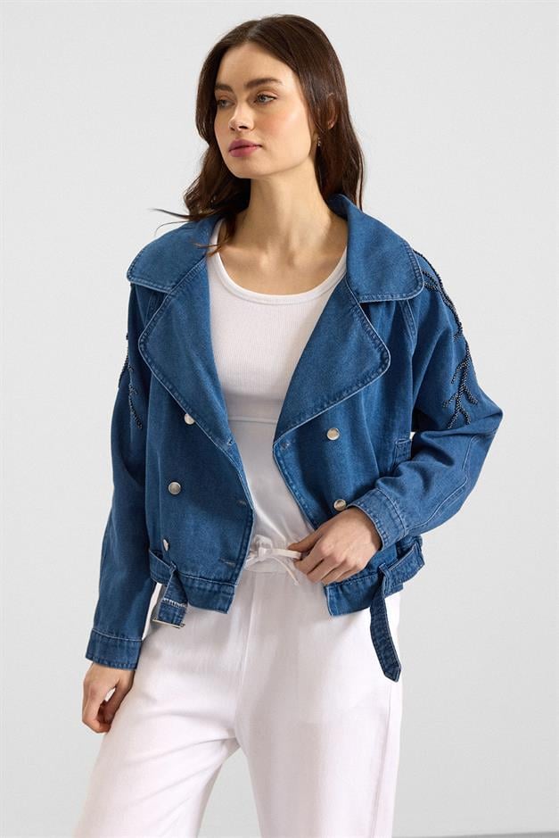 Kolu Boncuk İşlemeli Astarsız Denim Ceket MAVİ 8283