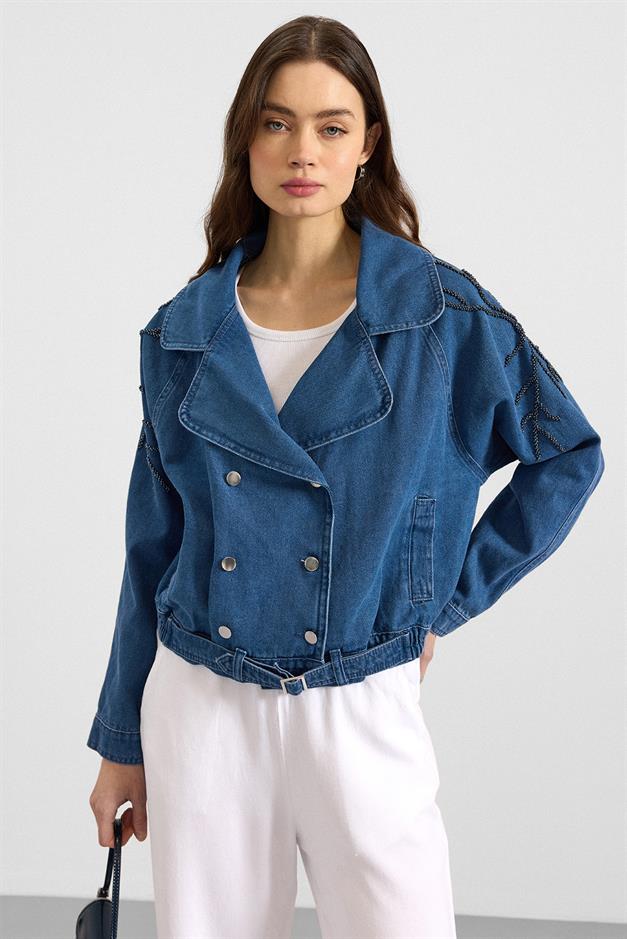 Kolu Boncuk İşlemeli Astarsız Denim Ceket MAVİ 8283