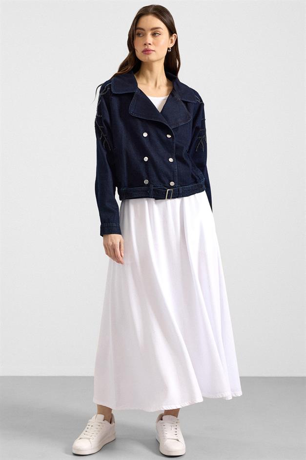 Kolu Boncuk İşlemeli Astarsız Denim Ceket LACİVERT 8283