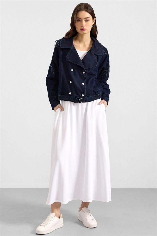 Kolu Boncuk İşlemeli Astarsız Denim Ceket LACİVERT 8283
