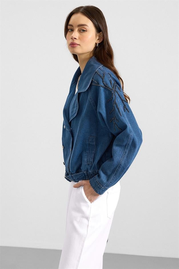 Kolu Boncuk İşlemeli Astarsız Denim Ceket MAVİ 8283