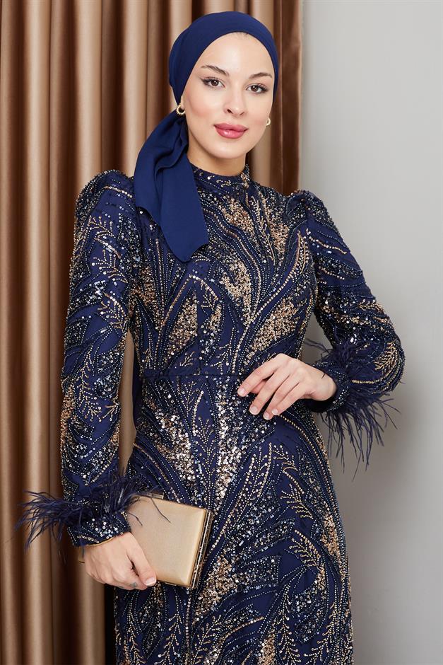 Kolu Tüy Detaylı Boncuk ve Pul İşlemeli Exclusive Tesettür Abiye Elbise LACİVERT 1000-M