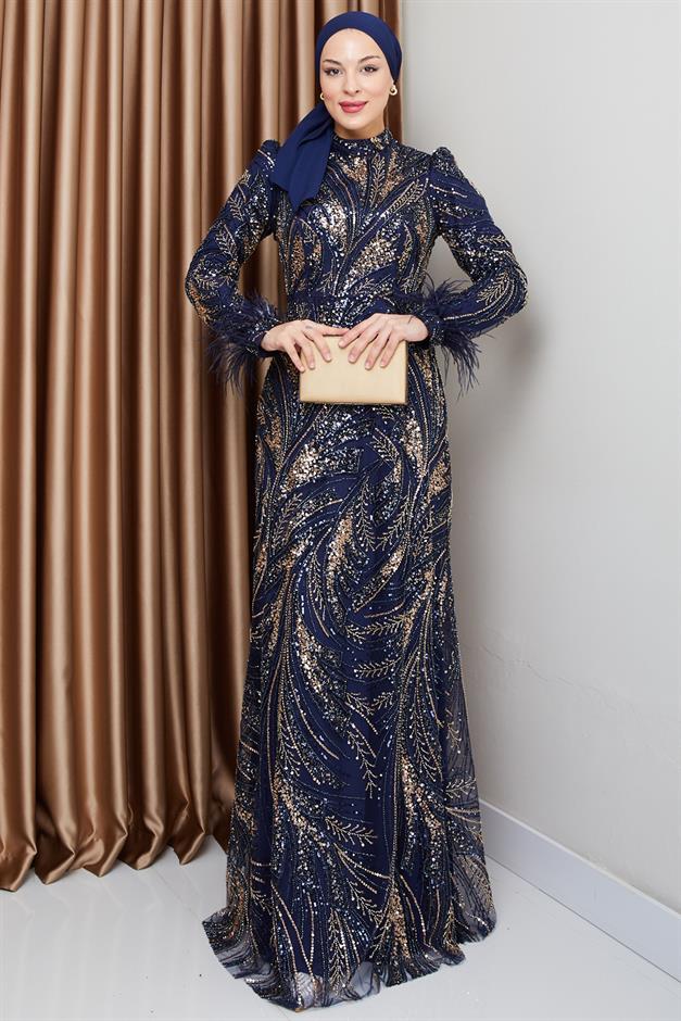 Kolu Tüy Detaylı Boncuk ve Pul İşlemeli Exclusive Tesettür Abiye Elbise LACİVERT 1000-M
