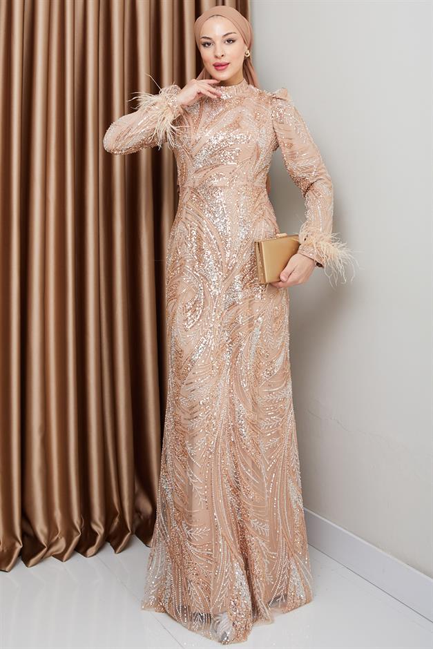 Kolu Tüy Detaylı Boncuk ve Pul İşlemeli Exclusive Tesettür Abiye Elbise GOLD 1000-M