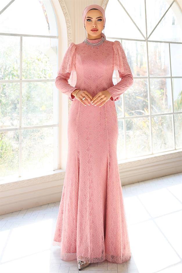 Kolye Detaylı Balık Model Dantel Tesettür Abiye Elbise PEMBE 1058