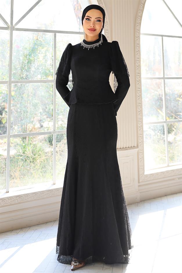 Kolye Detaylı Balık Model Dantel Tesettür Abiye Elbise SİYAH 1058