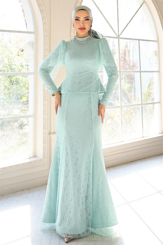 Kolye Detaylı Balık Model Dantel Tesettür Abiye Elbise MİNT 1058