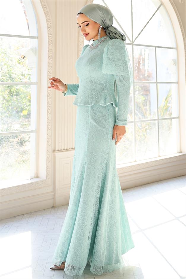 Kolye Detaylı Balık Model Dantel Tesettür Abiye Elbise MİNT 1058