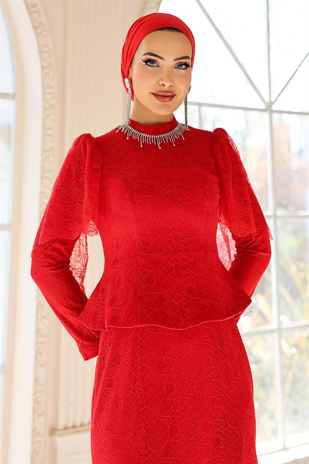 Kolye Detaylı Balık Model Dantel Tesettür Abiye Elbise KIRMIZI 1058
