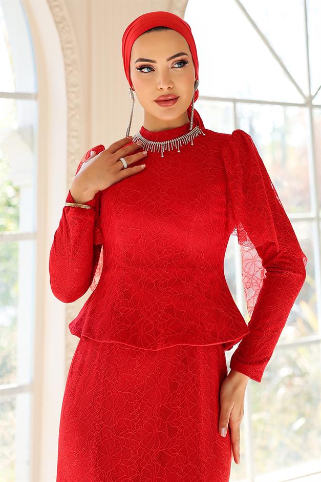 Kolye Detaylı Balık Model Dantel Tesettür Abiye Elbise KIRMIZI 1058
