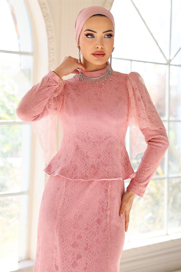 Kolye Detaylı Balık Model Dantel Tesettür Abiye Elbise PEMBE 1058