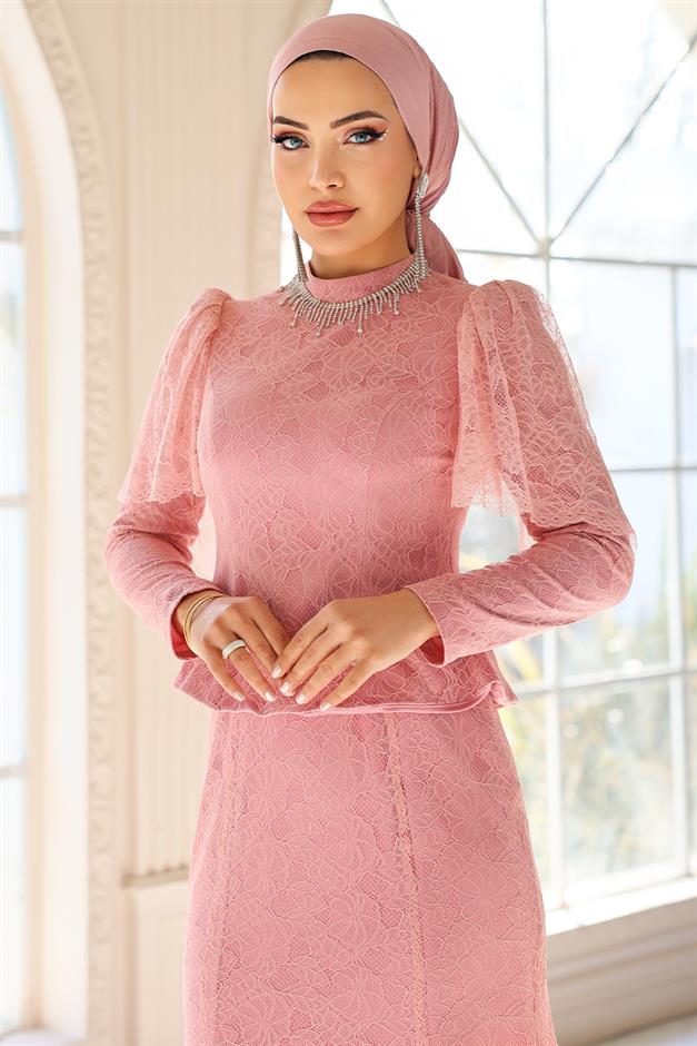 Kolye Detaylı Balık Model Dantel Tesettür Abiye Elbise PEMBE 1058