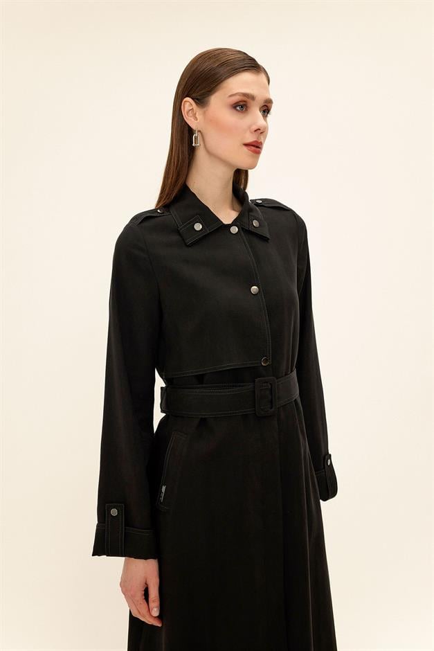 Unlined Modal Trench Coat with Contrast Stitching Detail BLACK 6717